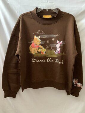 DISNEY Winnie the Pooh Fleece Lined Crew Neck Sweater in Brown Sz LARGE